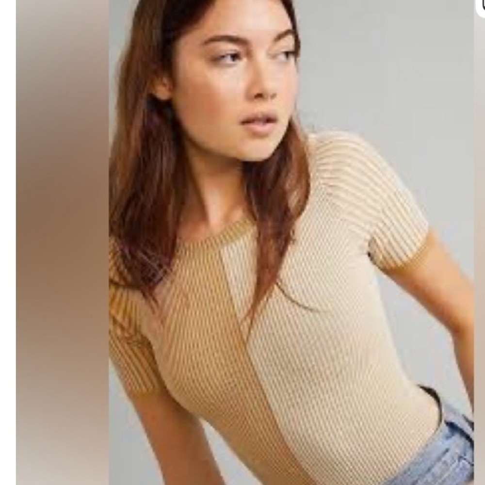 Free People Intimately All Smiles Bodysuit Tan Cream Ribbed Colorblock NWT XS